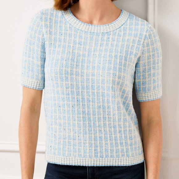 Like new! Talbots Crewneck Sweater - Sequin Plaid in Blue White Silver Sz Medium - Picture 1 of 10
